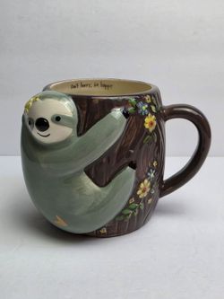 Natural Life Sloth Ceramic Coffee Mug ~ Don't Hurry, Be Happy 14 oz. 3D Raised