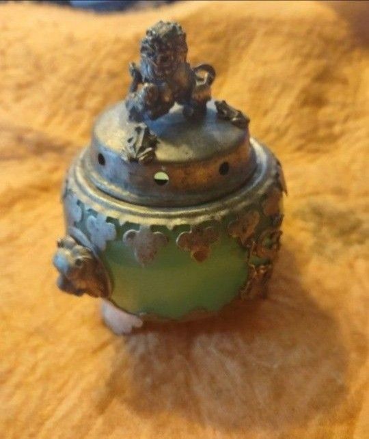 Collectible Hard To Find Chinese Brass Jade Foo Dog Incense Burner