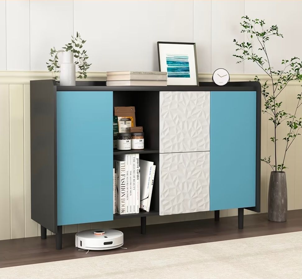 47" Modern Sideboard Buffet Cabinet, Black Accent Storage Cabinet with Blue Door & 2 Push-to-Open Drawers, Console Table for Dining Room, Living Room,