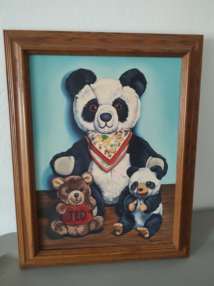 Vintage Teddy Bear Oil To Canvas Painting