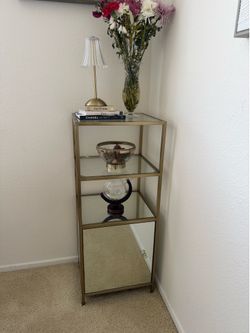 Gold Metal & Glass Etagere Bar Cabinet with Mirrored Door