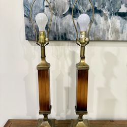 Two Tall Vintage Brass and Wood Dimmable Lamps (32” Tall) - Need Shades