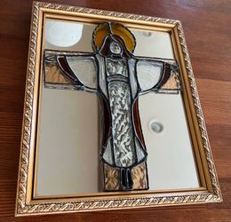 Handmade Religious Stained Glass Art Mirror, Framed Crucifix Jesus Figure,