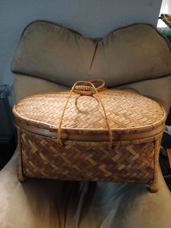 Vintage Chinese Bamboo footed lidded basket