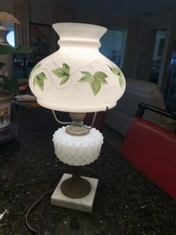 Vintage Hobnail Milk Glass Hurricane Lamp with Handpainted Ivy Leaves... 16 inches tall