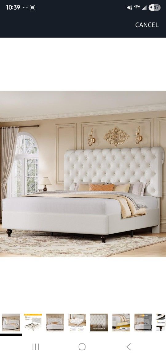 DWVO King Size Platform Bed Frame with 54" Tall Headboard, PU Leather Upholstered Platform Bed with Solid Wood Leg, Button Tufted, No Box Spring Neede