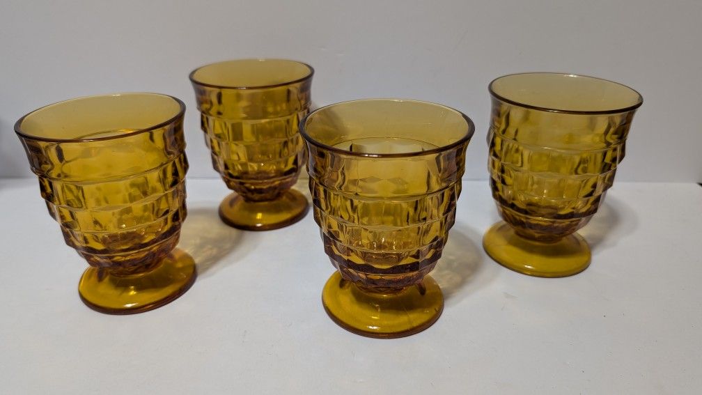 Vintage Indiana Glass Amber Whitehall Cube 4 1/2” Glass Footed Tumblers, c. 1960