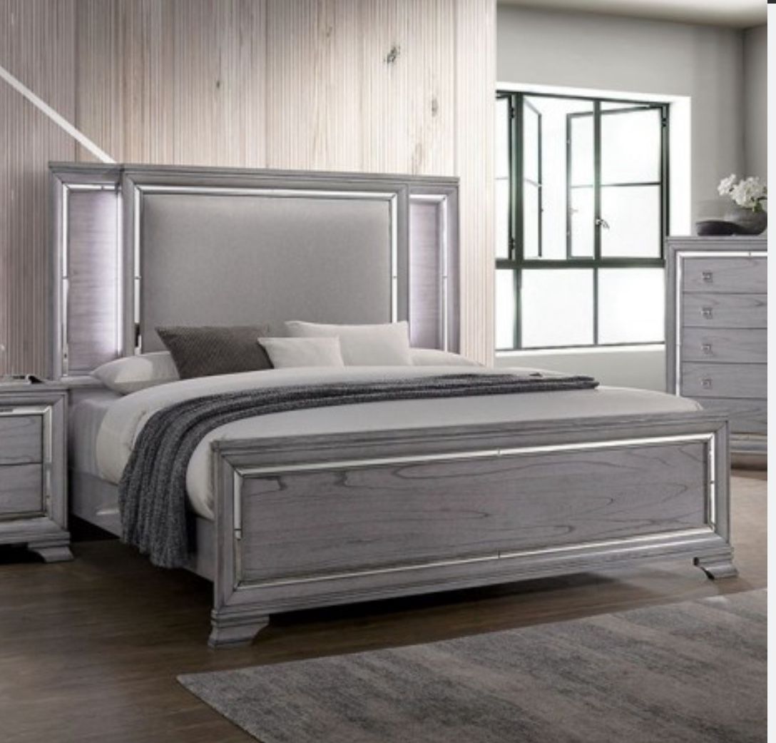 4pc Bedroom Furniture Set - Contemporary Queen Bed Dresser Mirror Nightstand 