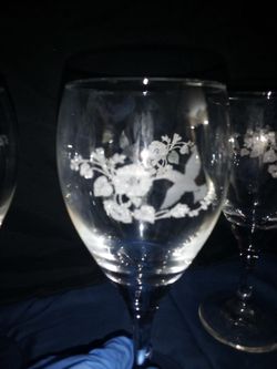3 hummingbird etched wine glasses