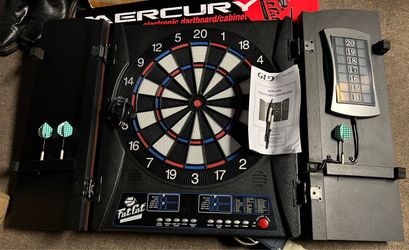 Fat Cat Mercury electronic soft-tip dartboard with cabinet and a set of 3 darts.