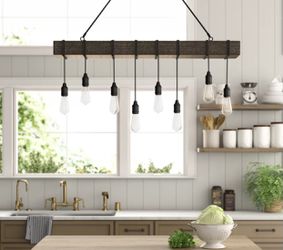 8-light kitchen island pendant in farmhouse rustic style by Savoy House. 43'' H x 42'' W x 5'' D MSRP $537. Our price $200 + sales tax