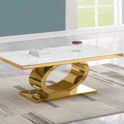 WHITE MARBLE TOP STAINLESS STEEL ANGULAR OVAL BASE COFFEE CENTER TABLE - MESA CENTRO MARMOL BASE DORADA