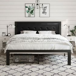 *Brand New* Full Size Metal Platform Bed Frame with Faux Leather Headboard, Black