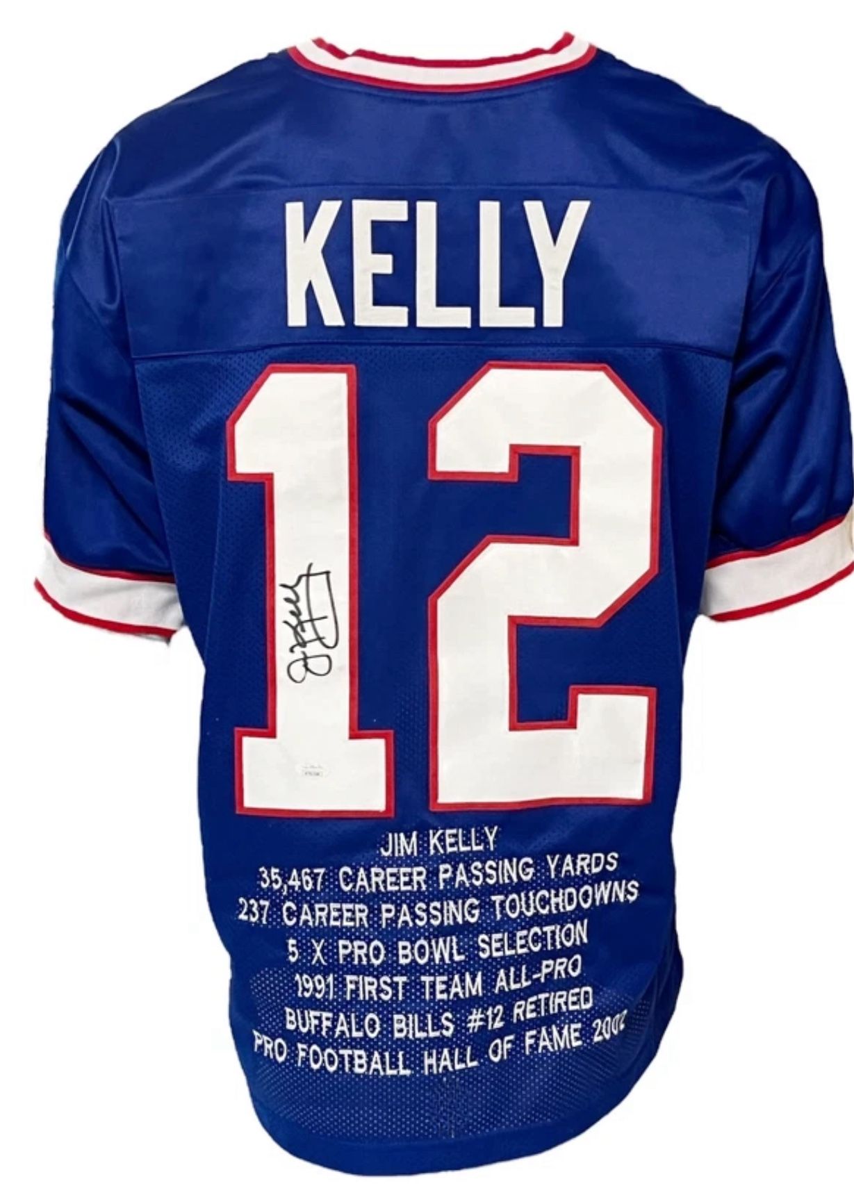 Buffalo Bills Jim Kelly Autographed Pro Style Blue Stat Jersey COA JSA