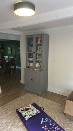 Gray Wood Cabinet with Glass Doors
