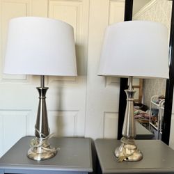 2 Silver Lamps With White Lampshades 