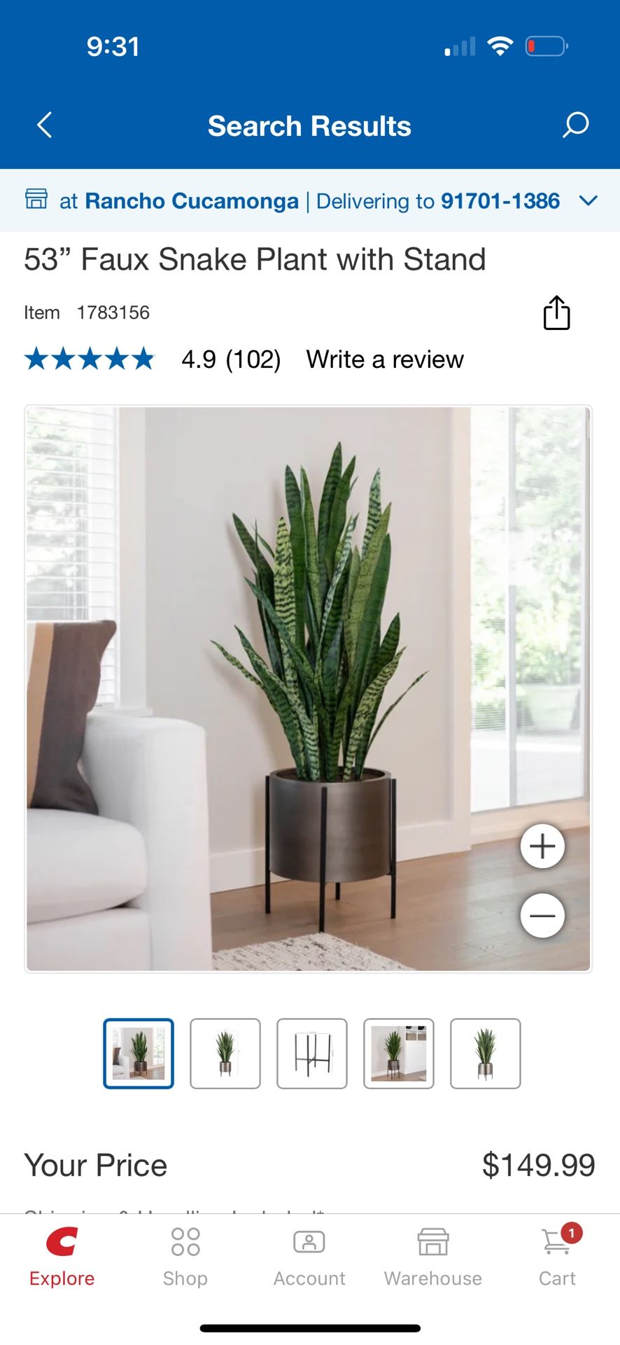 Costco 53” Faux Snake Plant with Stand