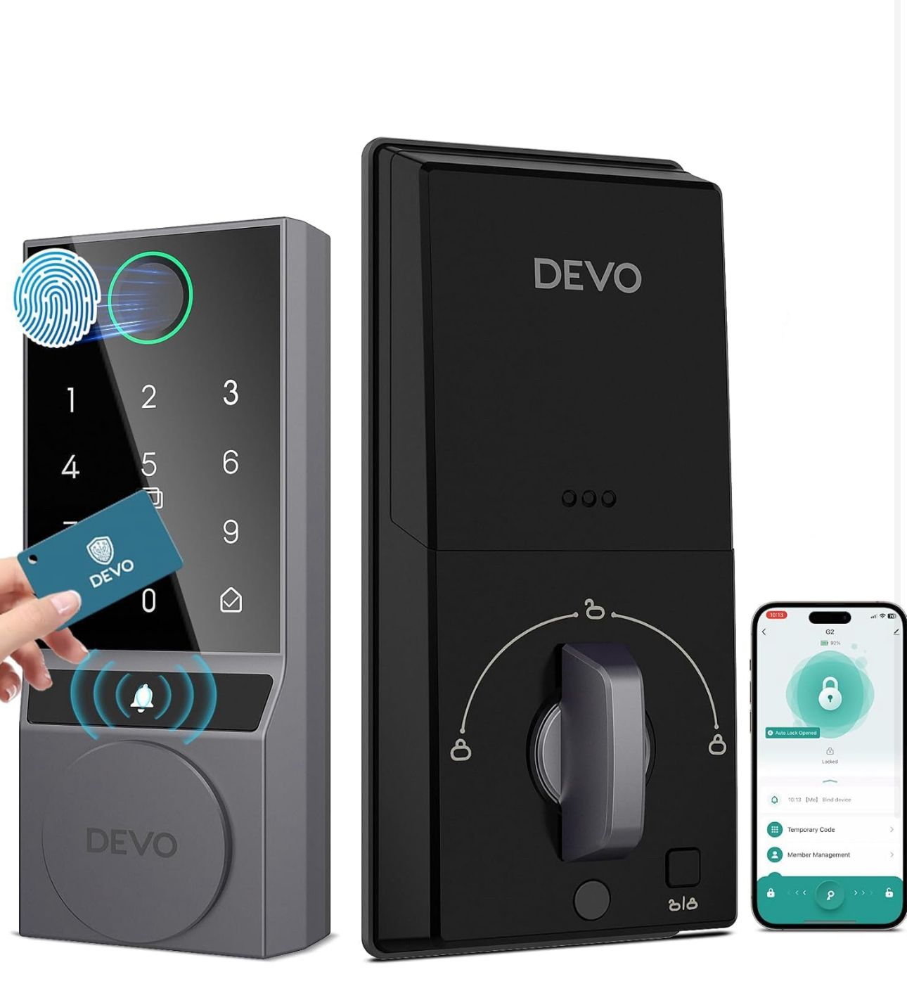 Devo G2 Smart Lock, Digital Fingerprint Smart Locks, Keyless Entry Door Lock, Bluetooth Smart Deadbolt, App Remote Control, Keypad