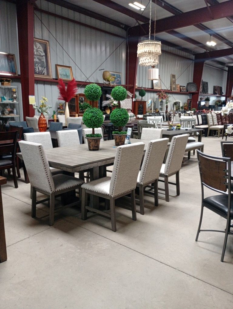 Gray Farmhouse Style Dining Table Set W/8 Chairs