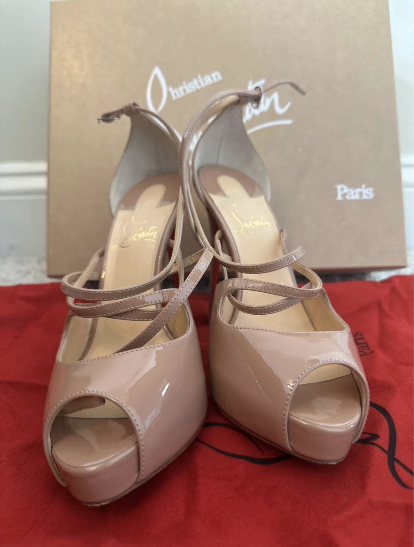 Christian Louboutin Holly Alta 120 Nude Patent Cross Strap Sandal Heel Pump (sz 36) size 5.5