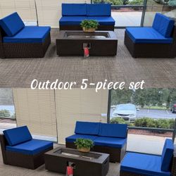 Outdoor 5-piece set with Fire Pit🔥Dark Brown PE Wicker Sofa with Cushions ➕ Fire Pit Table, Perfect for Backyard, Garden, or Poolside Gat