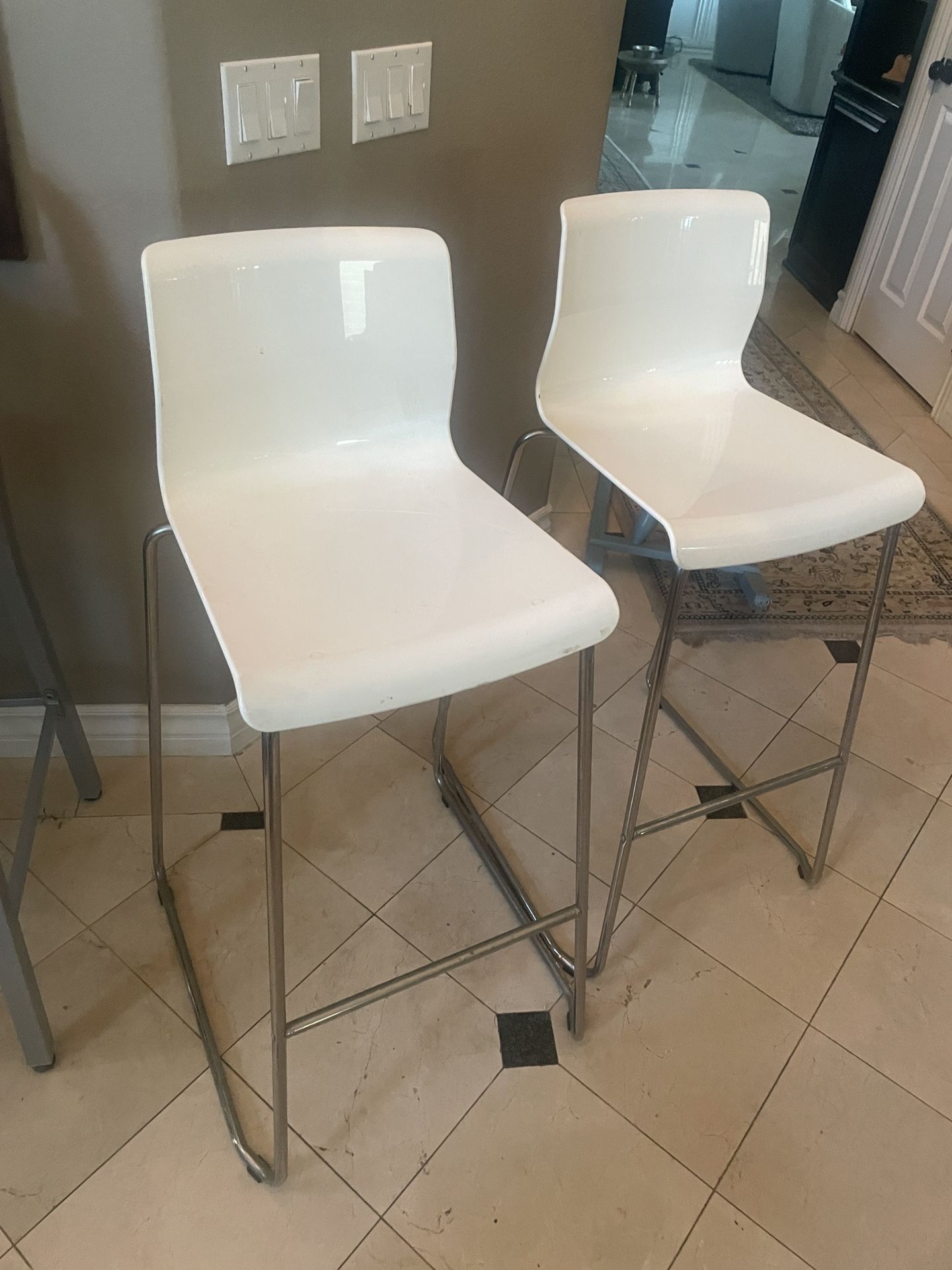 Modern White Bar Stools Set of 2 Stackable Chrome
