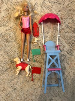 Barbie Careers Playset, Blonde lifeguard doll wearing removable outfit with dog