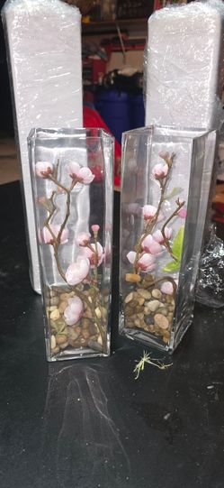 Set of 5 Tall Square Glass Vases (2 with with Faux Cherry Blossom Floral Arrangements)