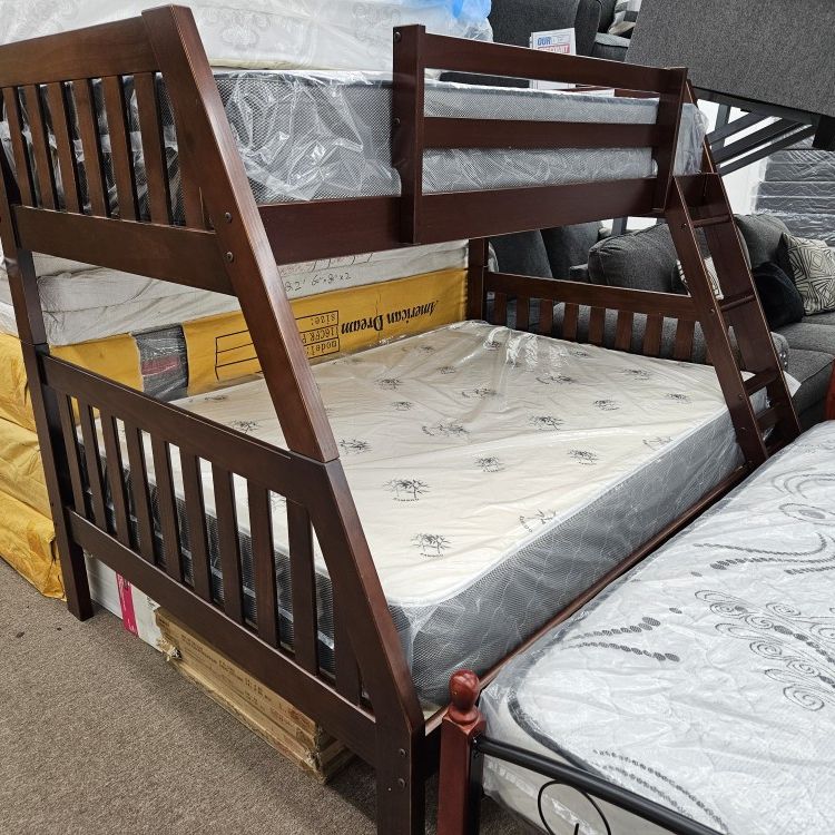 Financing Available Twin Over Full Wooden Bunk Bed Including Mattresses Package Special