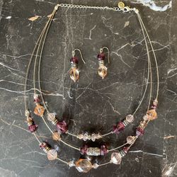 Beautiful New Napier Antique Gold Tone 3-layer Beaded Necklace With Matching Earrings