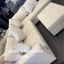 Beautiful! Sectional Sofa With Storage Ottoman Ivory Corduroy Brand New