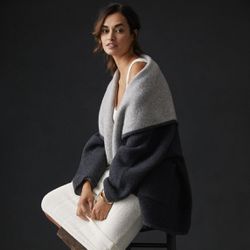 ZARA Dual Tone Grey Wool Blend Fold Over Collar Cozy Open Drape Cardigan Sweater