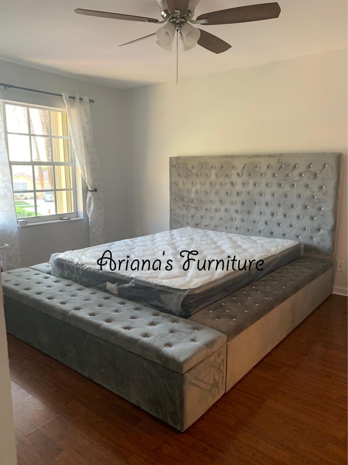 New Grey Velvet With Storage Queen Size