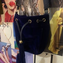 Suede Royal blue Drawstring handbag