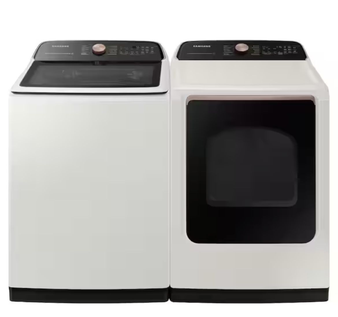 Samsung Smart Top Load Super Speed Wash Washer & Smart Steam Sanitize+ Electric Dryer with package in Ivory