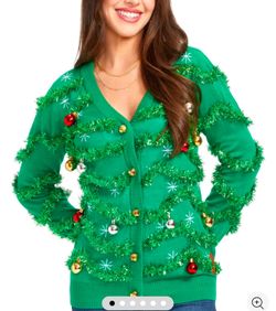 WOMEN'S GAUDY GARLAND UGLY CHRISTMAS CARDIGAN SWEATER