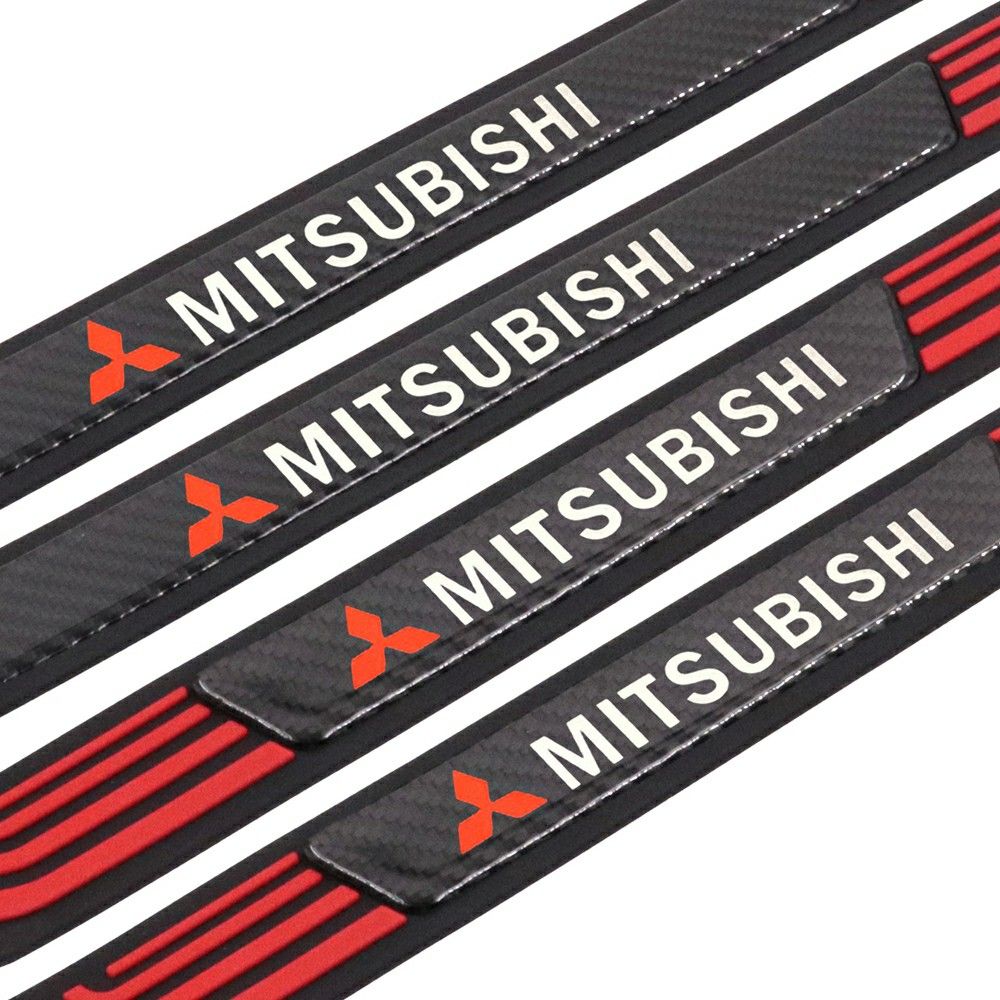 BRAND NEW 4PCS MITSUBISHI UNIVERSAL RED RUBBER DOOR SCUFF SILL WITH REAL CARBON FIBER EMBLEM