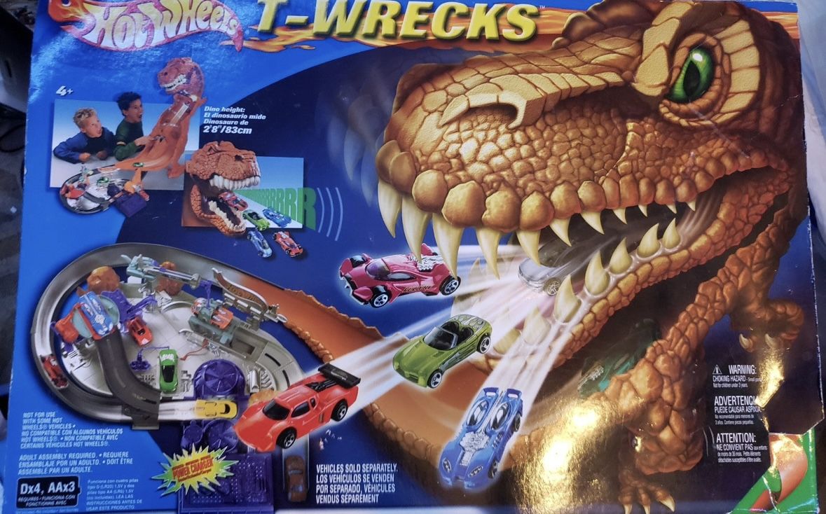 Vintage 2002 Collectible Hot Wheels T Wrecks T Rex Tan Dinosaur Play Set