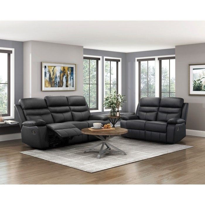 Brand New Black Real Leather Manual Reclinimg Sofa + Loveseat 2PCs Set