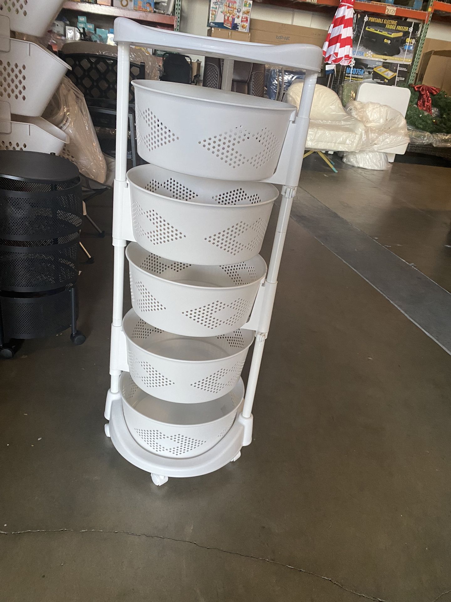 5 Tier Round Rotating Multi-Layer Kitchen Storage Shelf, Fruit Vegetable Storage Basket with Lockable Casters for Living Room Kitchen Home (White)