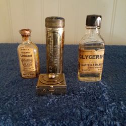 Vintage Medicine Bottles & Vintage Gold Tone Square Clock Style Pill Box