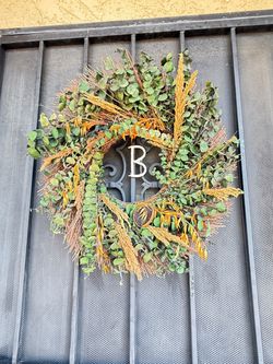 Fall Autumn Faux Eucalyptus & Wheat Door Wreath