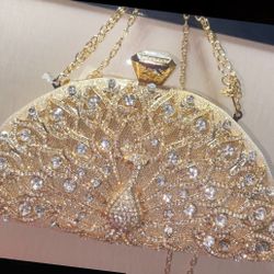 New, Gold Shoulder strap Rhinestone Hand Purse With Gold Chain