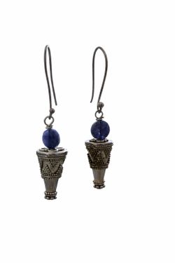 Vintage Sterling Silver Dangle Earrings 5.6g Blue Stone Bead Tribal Cone Design 1.75”