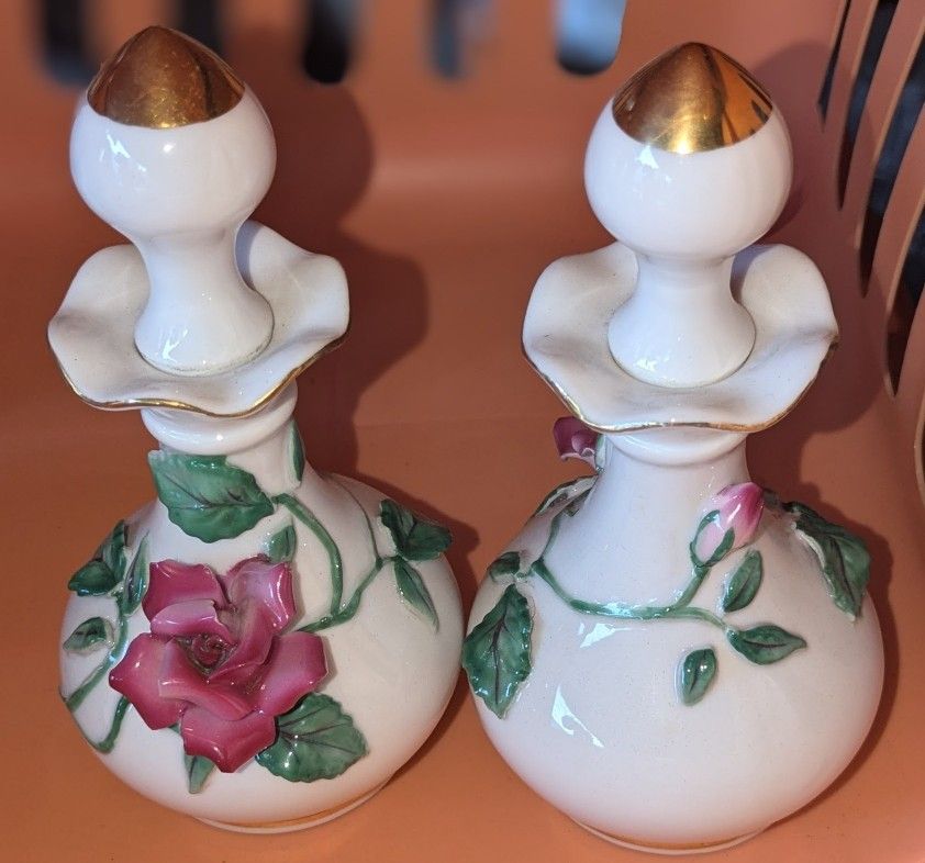 2 Vintage Lefton Porcelain Floral Perfume Decanters With Stoppers/Lids- #385- Made In Japan- GUC!