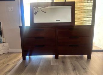 Dark Wood Dresser with Mirror and King Bed Frame