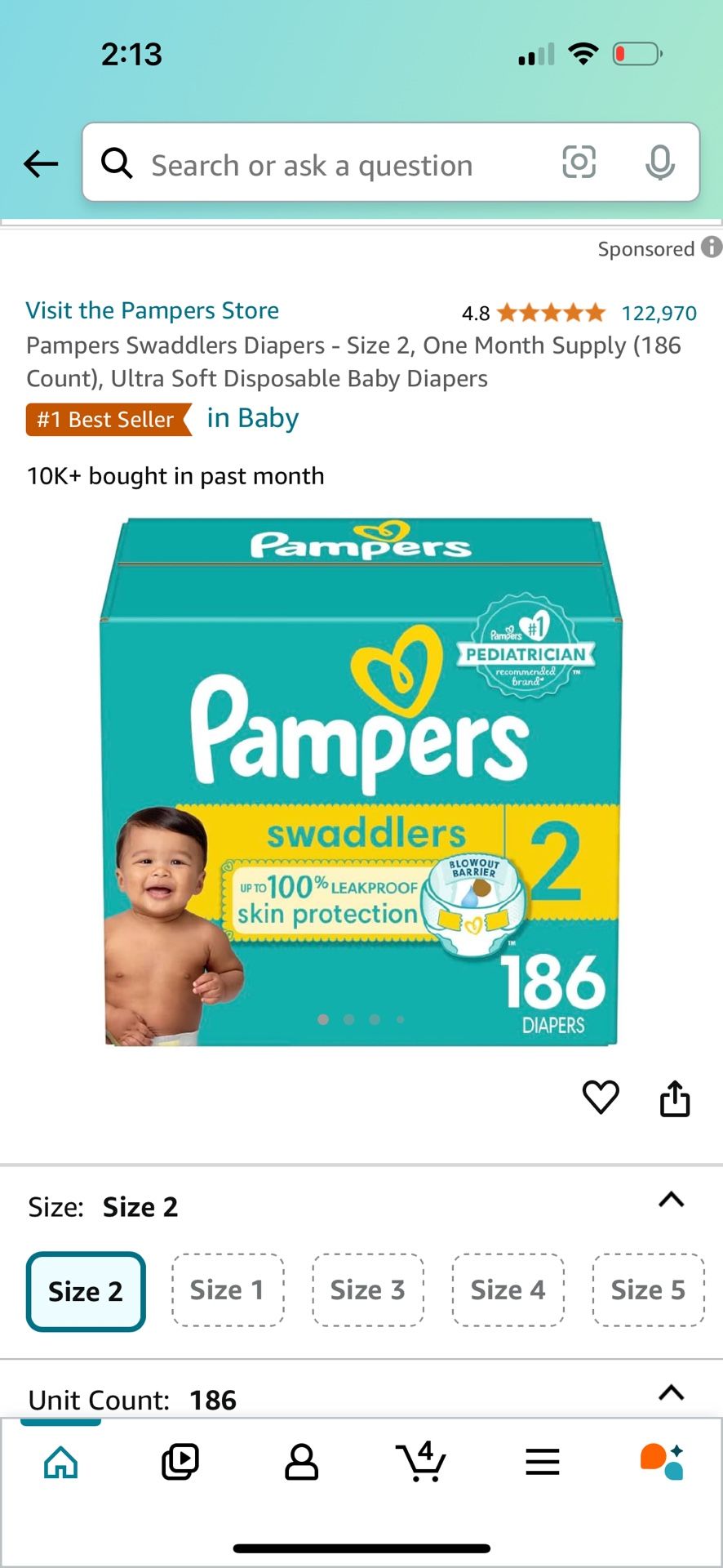Pampers “Swaddlers” Size 2