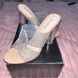 BEBE Rhinestone & Acrylic Block-Heel Sandals