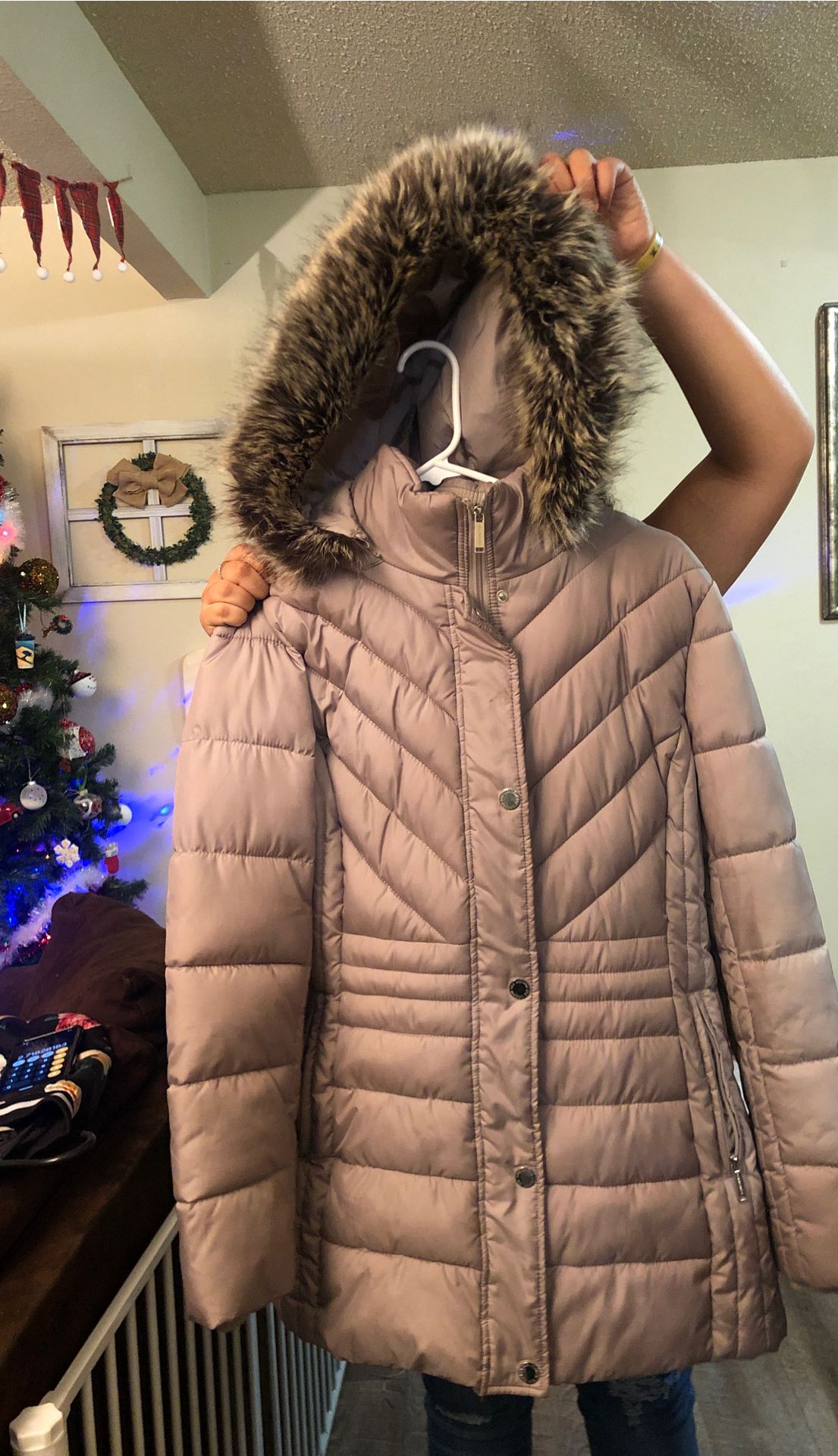 Coat with fur hood. Perfect condition