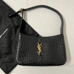 YSL Yves Saint Laurent Crocodile Le 5 A 7 Shiny Leather Hobo Shoulder Bag Purse